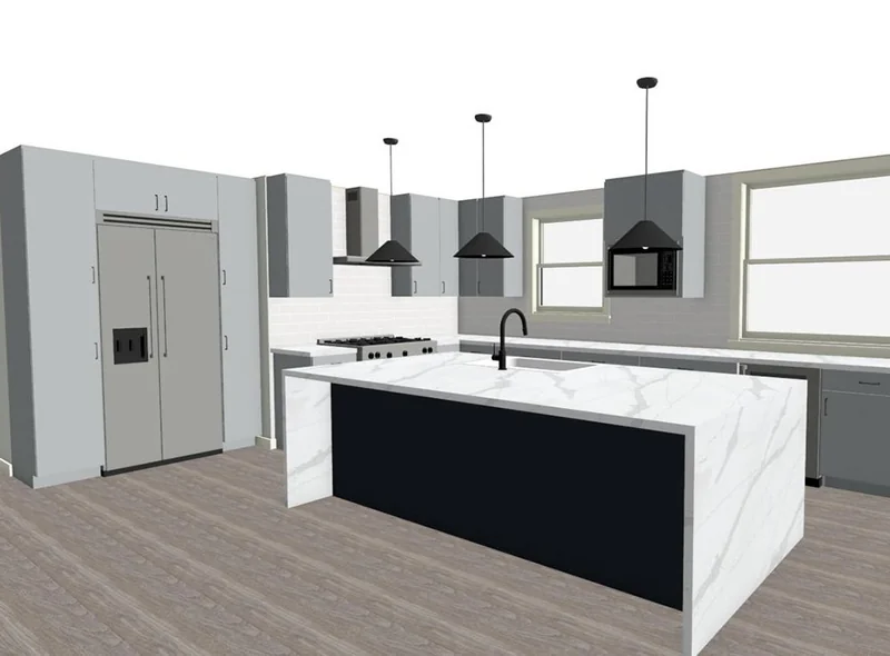 3D rendering of a kitchen design by DH Homes with grey cabinets, a waterfall island, and black pendants